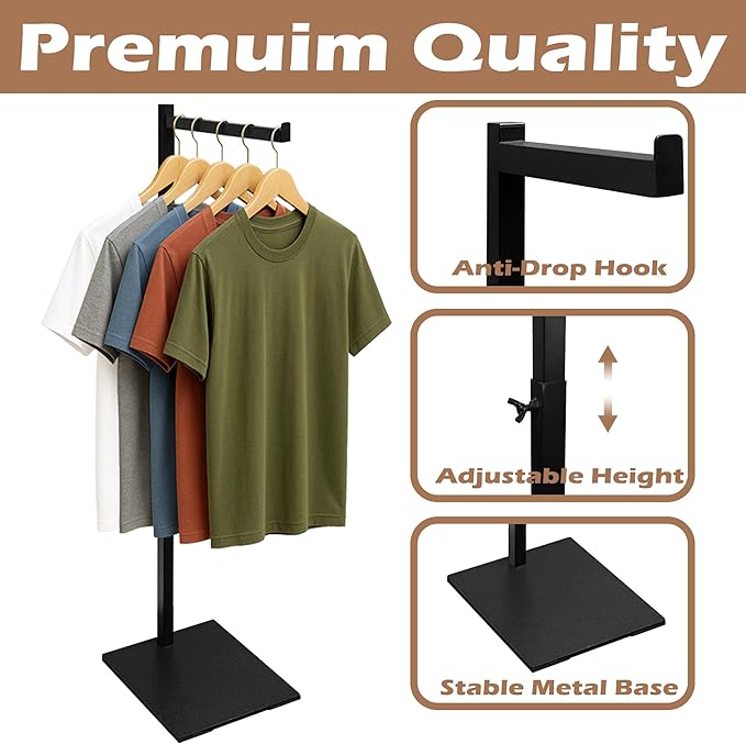 Standing Clothes Rack, 21" - 36" Height Adjustable Clothes Hanger Rack Stand, Metal Clothes Rack, Clothing Display Rack, Garment Display Stand for Thrift Shops and Retail Store, Black, 1Pack
