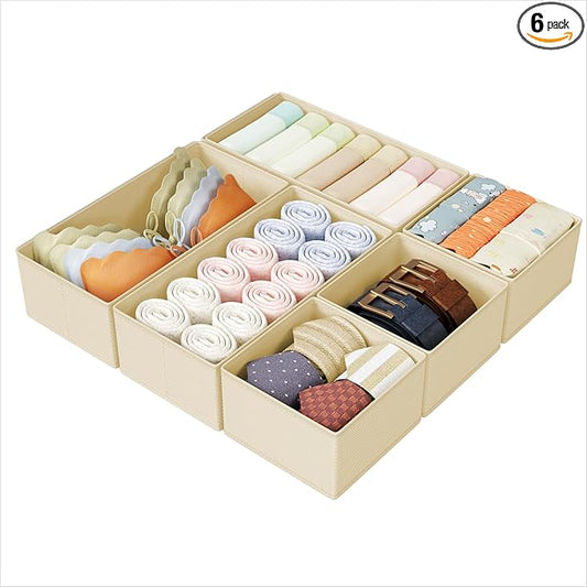 DIMJ Drawer Organizers Clothes, Set of 6 Dresser Organizer Bins, Fabric Closet Organizers and Storage, Shallow Drawer Dividers for Nursery, Clothing, Baby Clothes, Socks, Underwears, Tie (Beige)