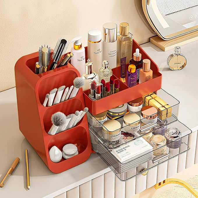 Booklov Makeup Organizer for Vanity, Large Capacity Cosmetic Display Case with Clear Acrylic Drawers, Countertop Beauty Storage Holder for Skincare, Brush Eyeshadow Lipstick, Counter Desk, Crystal Red