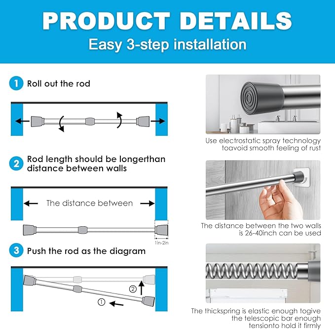 MEXAU 2Pack Tension Curtain Rod 26-39 inch Spring Tension Rod Silver Adjustable Spring Rod Extendable Tension Rod for Kitchen, Bathroom, Window, Bookshelf, Closet