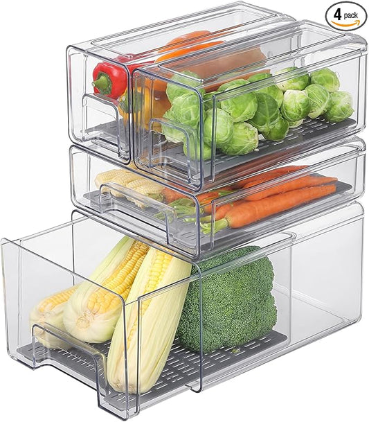 Pull Out Clear Fridge Organizer Drawers with Drainer, Refrigerator Stackable Storage Bins for Kitchen Fruit & Veggie Organization (Complete Set)