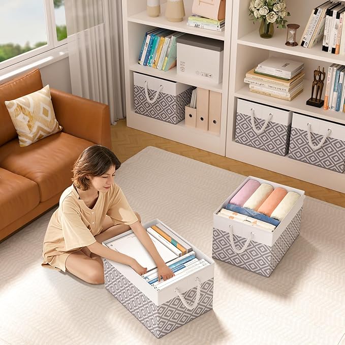 StorageTastic Storage Bins, 2-Pack Large Storage Box with Rope Handles, Collapsible Storage Basket for Organizing Books, Clothes, Rhombic Grey