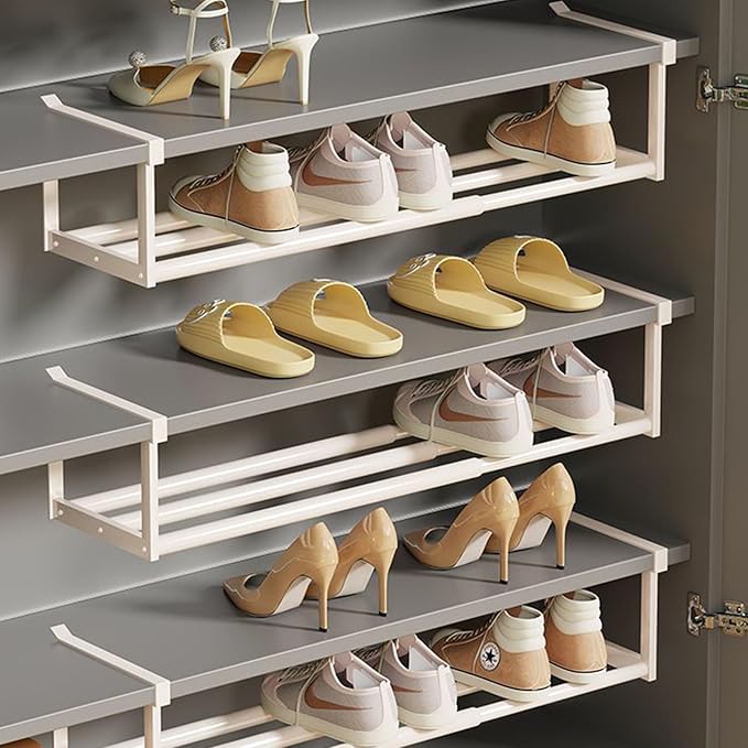 Expandable Hanging Shoe Rack Organizer for Closet, Adjustable Shoe Rack Under Cabinet Shelf, Versatile Under Shelf Storage for Kitchen, Book, Clothing Storage and Organization(White,4PCS)