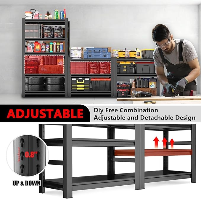 Garage Shelving Metal Garage Shelf Unit 5-Tier Storage Shelves Heavy Duty Shelf Organizer Industrial Shelves for Warehouse Basement Kitchen Pantry, Black, 45" W X 63" H X 20" D