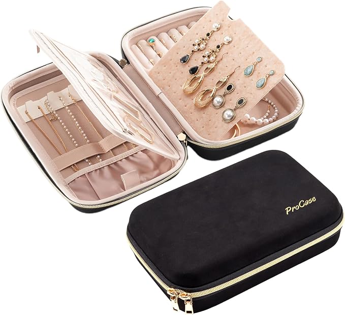 ProCase Large Travel Jewelry Organizer Case, Jewellry Home Storage Book Ring Binder with Clear Pockets for Presentation, Zippered Pouch Bag for Earrings Necklaces Bracelets -Black, Non-loose-leaf