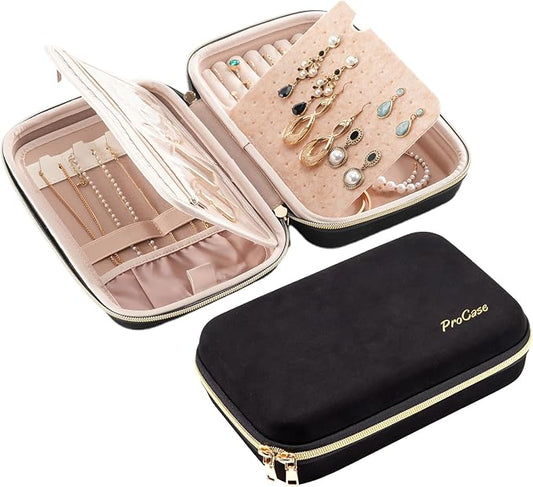 ProCase Large Travel Jewelry Organizer Case, Jewellry Home Storage Book Ring Binder with Clear Pockets for Presentation, Zippered Pouch Bag for Earrings Necklaces Bracelets -Black, Non-loose-leaf