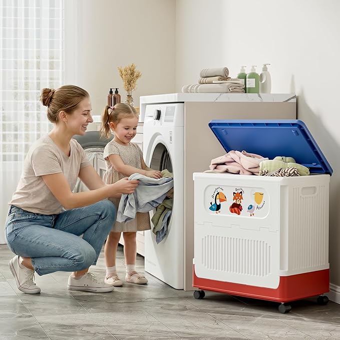 HAIXIN HOME 60L Kids Laundry Hamper with Lid, Cute Rolling Laundry Basket with Wheels & Handle, Slim Dirty Clothes Organizer for Kids Bedroom, Nursery, Bathroom, Closet, Tricolor