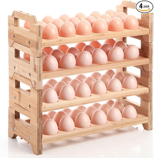 Reallnaive 4 Tier Wooden Egg Holder for Countertop, Bamboo Stackable Fresh Eggs Storage Farmhouse Collecting Rack for Gathering Kitchen Organizer or Easter Egg Display, Stackable with 72 Eggs(Wood)