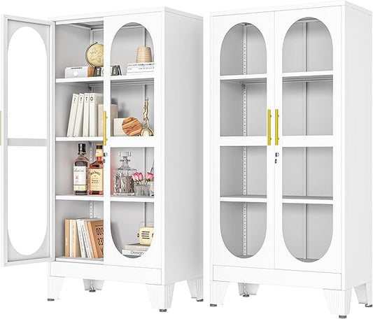 PAOFIN 61" H Locking Display Cabinet with Glass Door, Metal Cabinets with 3 Adjustable Shelves, Cabinet Display Case for Living Room, Collectibles, Clinic, Home - Assembly Required White