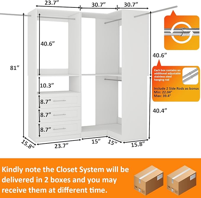 Closet System with 3 Wooden Drawers, 4.5-6FT Corner Closet Organizer System for Walk in Closet, Heavy Duty Modular Closet Systems, Built-in Shelving System with 5 Hanging Rods, 2-Piece Set