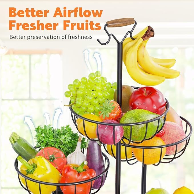 PouHenier.jh 5 Tier Fruit Basket Tower Stand with Banana Hanger for Kitchen Counter, Vegetable Tiered Shelf for Countertop, Tall Standing Produce Holder for Potato, Onion with Stable Base (Black)