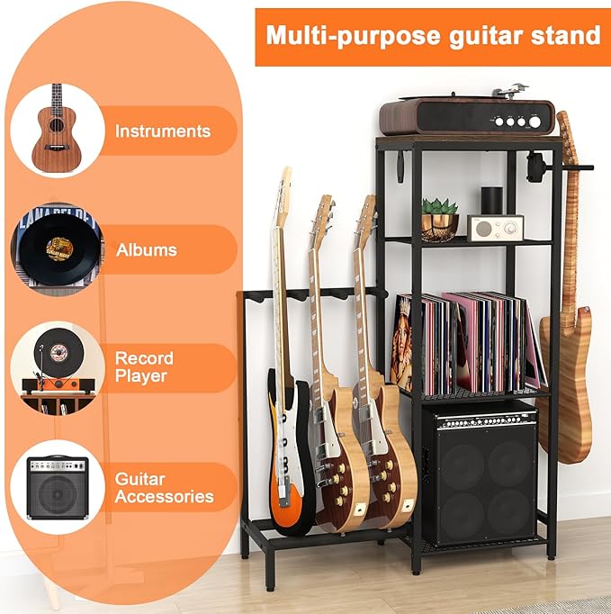 Multi Guitar Stand Rack, Guitar Stand with 4 Holder Position for Acoustic, Electric Guitar, Bass, Guitar Rack for Multiple Guitars with 4 Tier Storage Shelves for Guitar Amp Accessories