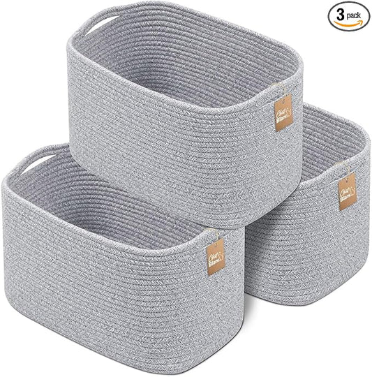 CHAT BLANC Cotton Rope Baskets for Organizing, Shelves, Toys, Storage, Shoe, Bathroom, Laundry, Towel, Nursery, Home Decor, Blanket, Cloth Woven Bins Fabric (Gray7, 15"x10"x9")