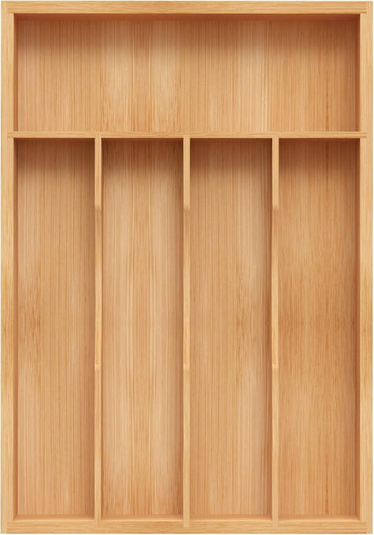 Bamboo Silverware Organizer, Kitchen Drawer Organizer, Utensil Holder, Cutlery Tray & Spoon Flatware Storage with Grooved Drawer Dividers (9.5''W x 13.5''D)