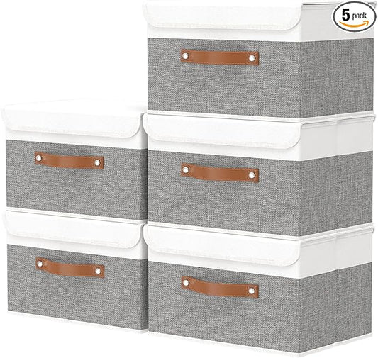 OUTBROS Large Collapsible Storage Basket with Lid, Linen Fabric Containers, Wardrobe Organiser For Towels, Clothes, 13 x 9.1 x 7.9 inch, White/Grey, 5-Pack