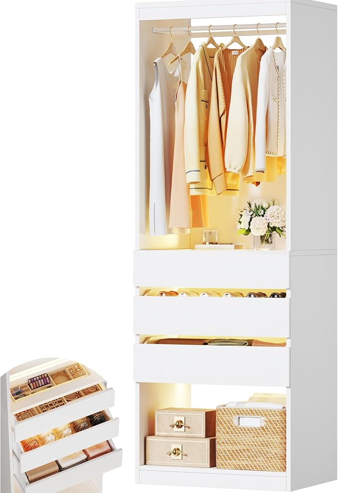 HUAHUU Freestanding 2FT Closet System with 3 Wood Drawers & Glasstop, 24" Closet Organizer System with Hanging Rod & LED Lights, Walk-in Closet Systems for Small Closets, White (24"L x 16" W x 80" H)