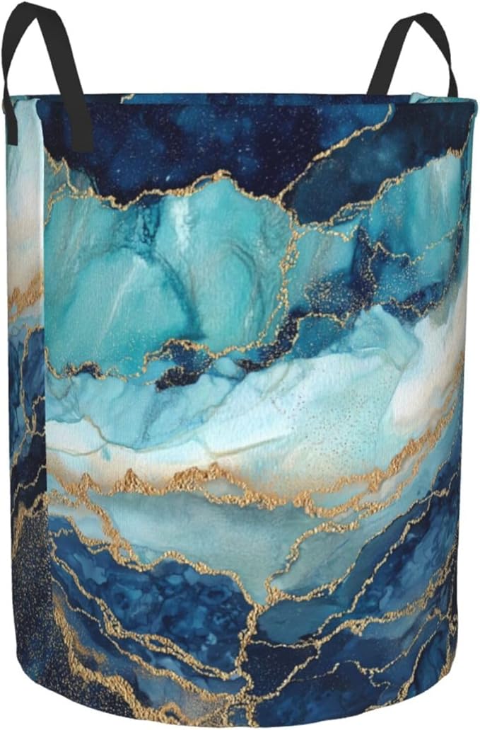 Marble Teal Laundry Basket Storage Bin Foldable Laundry Hamper Clothes Storage Bucket Organizer 19.6x15.7 Inch For Laundry Room/Bedroom/Bathroom