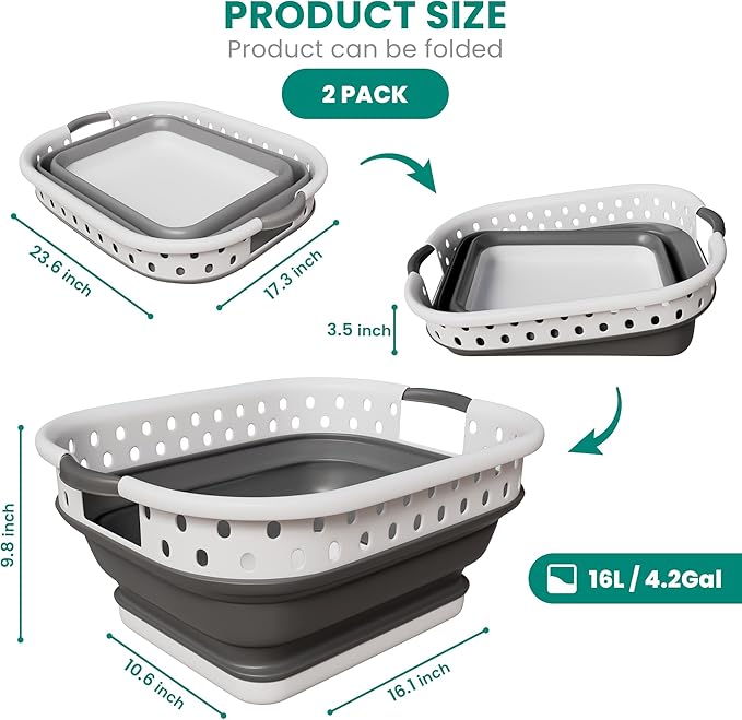 Ideality Shop Collapsible Laundry Baskets - Set of 2 Laundry Hamper 3 Handled Plastic Dirty Clothes Hamper Foldable Laundry Basket
