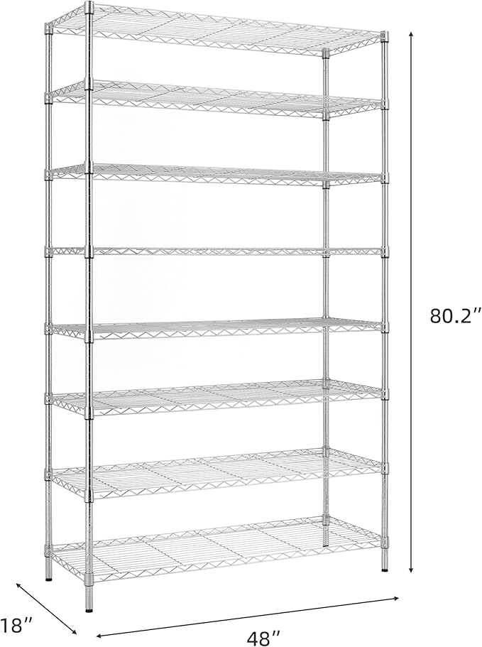 Finnhomy 4000LBS 8-Tier Wire Shelving Unit Adjustable Steel Wire Rack, 18x48x80.2 Inches 8 Shelves Metal Rack, Pantry Shelves for Storage, Metal Garage Shelving with 1" Poles, NSF Certified, Chrome