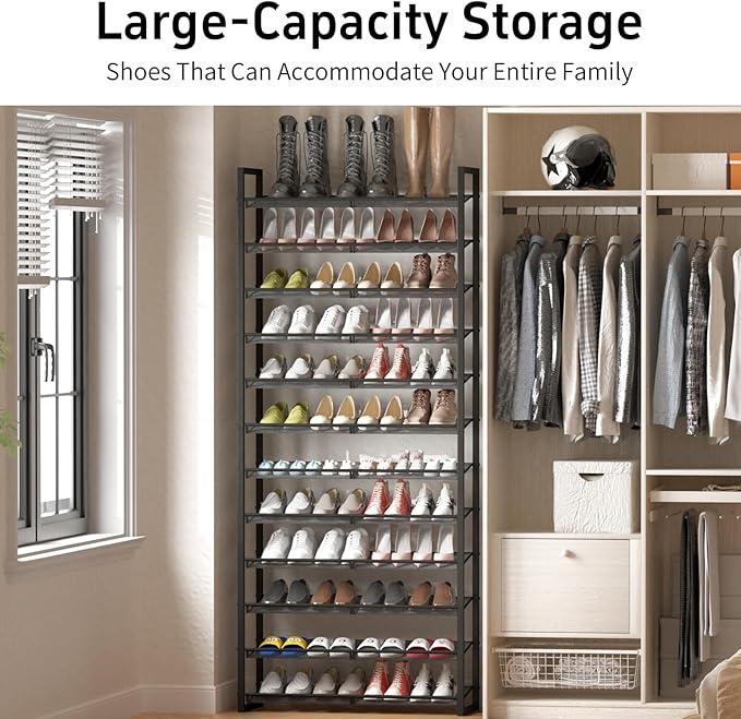 Shoe Rack, 12-Tier Metal Shoe Organizer, Tall Shoe Rack for Closet,entryway,Garage, with Adjustable Flat or Angled Shelves, 52-60 Pairs,Shoes that can accommodate The Whole Family.