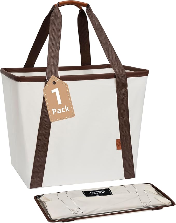 STORAGE MANIAC Collapsible Laundry Caddy, 64L (17 Gal) Large Collapsible Laundry Basket with Sturdy Metal Wire Frame, Long Carry Handles - Space-Saving, Foldable Laundry hamper, 1 Pack Beige