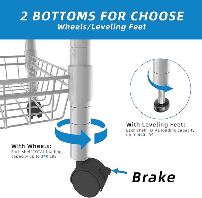 Guan River 4 Tier Wire Shelving Wire Basket Shelf Storage Cart Adjustable Metal Shelf 2 Bottoms for Choose(Castor or Leveling Feet) for Office,Kitchen,Bedroom,Silver(23.23" L x 13.11" W x 49.21" H)