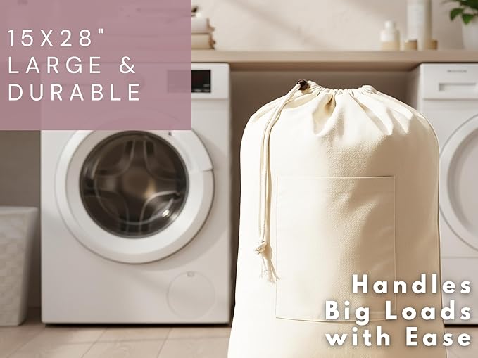 PurpleEssences Laundry Bag Durable Clothes Drawstring Bag Machine Washable Travel Laundry Organizer for Dorm, College, Hamper - Set of 1, 15 x 28 Inch, Laundry Bag - Natural