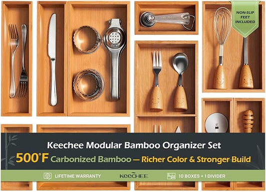 keechee Carbonized Bamboo Kitchen Drawer Organizer (Bundle: 10pc Organizers Set)