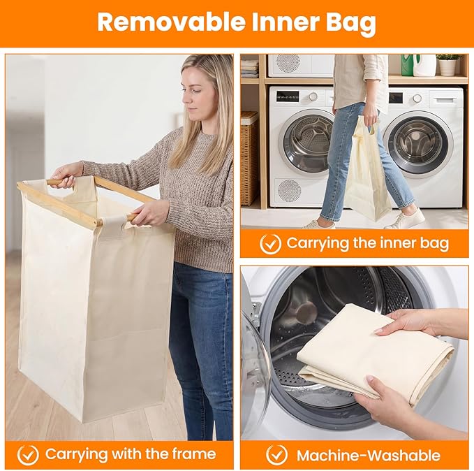Bamboo Laundry Hamper 3 Section with Lid, 150L Laundry Sorter with Lockable Wheels, Pull-Out Removable Washable Bags, 3 × 12.5 Gal Divided Laundry Baskets for Laundry Room, Bathroom (Beige)