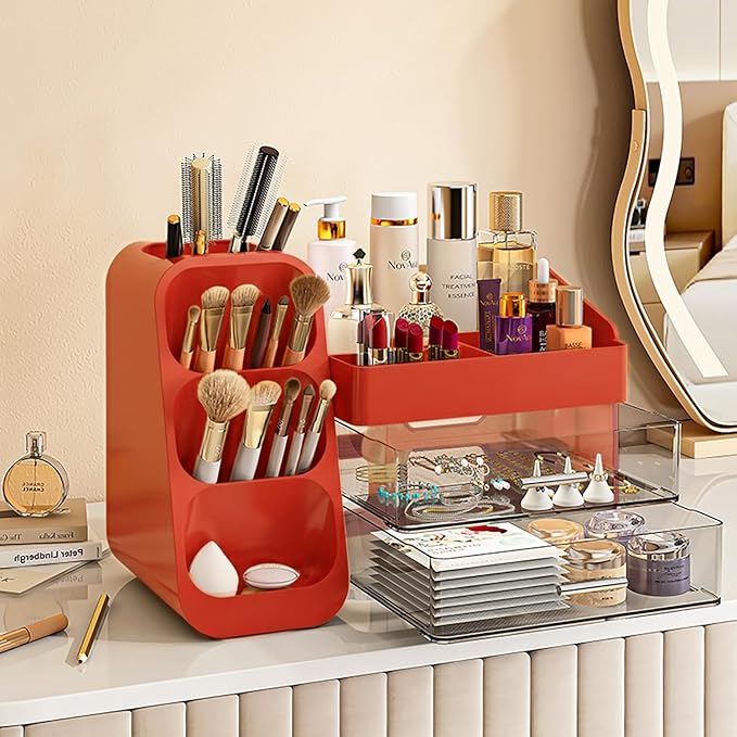 Booklov Makeup Organizer for Vanity, Large Capacity Cosmetic Display Case with Clear Acrylic Drawers, Countertop Beauty Storage Holder for Skincare, Brush Eyeshadow Lipstick, Counter Desk, Crystal Red