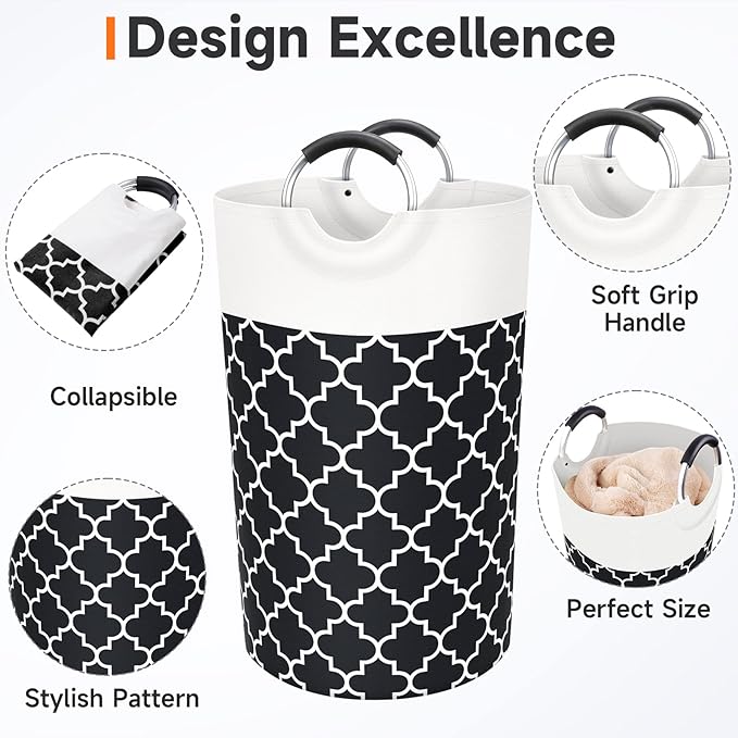 Fabspace Large Laundry Hampe Basket Washing Bin Clothes Bag Collapsible Tall with Handles Waterproof Travel Bathroom College Essentials Storage for College Dorm, Family (Black) 82L