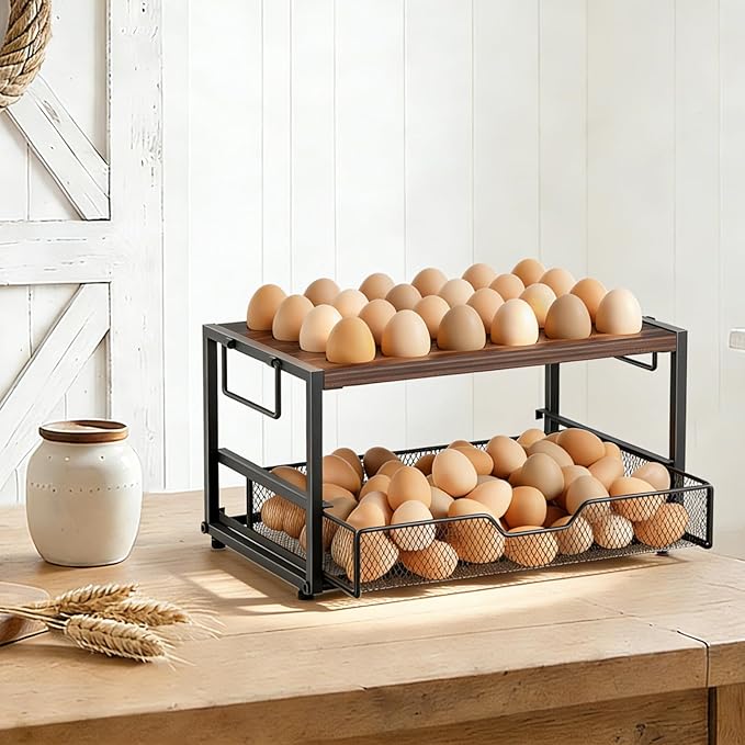2-Tier Wooden Egg Holder Countertop with Basket – Holds 24+60 Chicken, Duck & Quail Eggs, Easter Eggs – Compact Countertop Holder with Carry Handle for Easy Transport