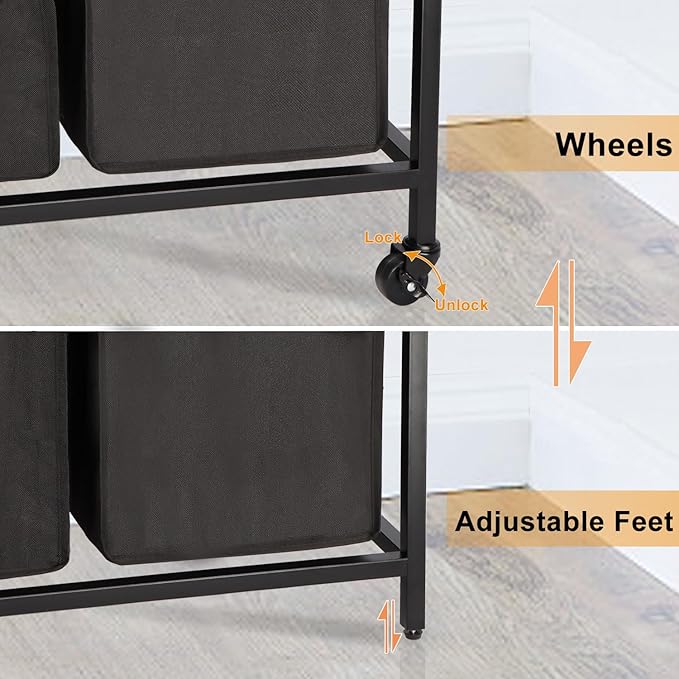 Timberer Laundry Hamper, Laundry Sorter 2 Section, Rolling Laundry Basket with Wheels, 2 Drawers, 2 × 14.5 Gal (55 L), Pull-Out and Removable Oxford Fabric Bags, Black and Rustic Brown