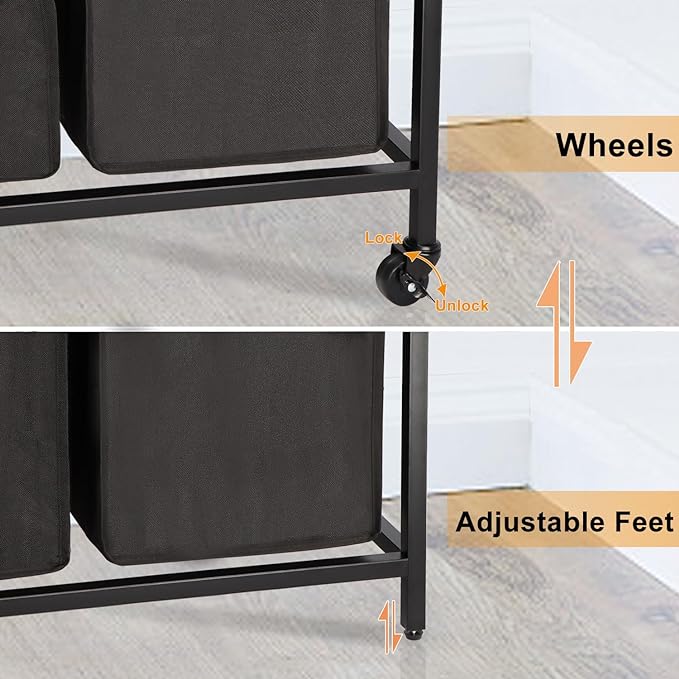 Timberer Laundry Hamper, Laundry Sorter 3 Section, Rolling Laundry Basket with Wheels, 3 Drawers, 3 × 14.5 Gal (55 L), Pull-Out and Removable Oxford Fabric Bags, Black and Rustic Brown