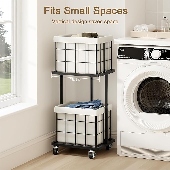 80L Vertical Rolling Laundry Hamper with Removable Bags, 2 Section Laundry Basket with Wheels, Slim Tall 2 Tier Laundry Sorter for Small Spaces, Dorm, Bathroom, Laundry Room, Closet, White