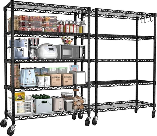 PrimeZone 74''H Wire Shelving 1250lbs 5 Tier Storage Shelves with Wheels NSF Certified Heavy Duty Steel Metal Shelf Adjustable Rolling Rack Kitchen Garage Closet Pantry Laundry 74''HX36''WX14''D 2PCS