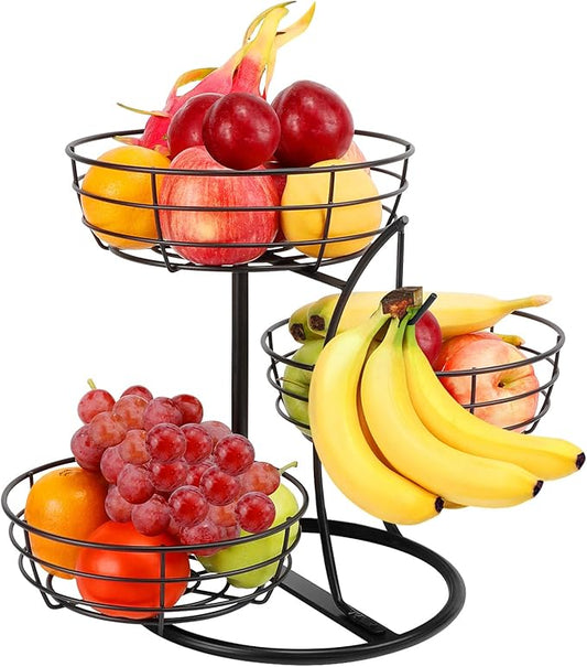 Livabber Fruit Basket Bowl with Banana Hanger, Fruit Vegetable Storage Basket with Banana Tree Holder for Kitchen Counter, Detachable Organizer for Bread Snack Produce (Black, 3-Tier Metal Base)