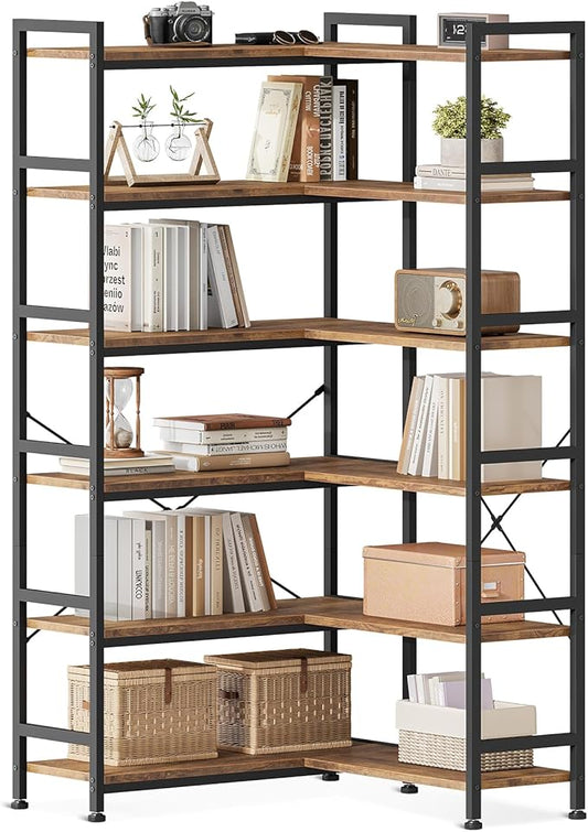 Casaottima Corner Bookshelf 6 Tier, 64 Inches Reversible Book Shelf for Living Room, Industrial Wooden Bookcase with Open Shelves and Metal Frame for Bedroom, Home Office, Kitchen, Vintage