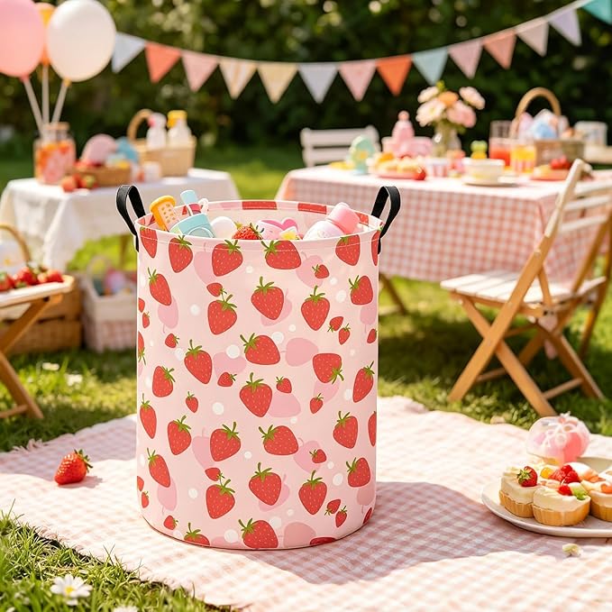 HUNRUNG Collapsible Fabric Storage Basket, Waterproof Laundry Hamper with Handles, Round Storage Bin for Clothes Toys, Foldable Organizer for Bedroom Nursery Bathroom(Round-Pink Strawberry)