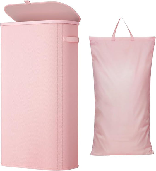 Lifewit 75L Slim Laundry Basket with Lid, Narrow Large Laundry Hamper with Plastic Handles and Removable Bag, Tall Foldable Dirty Clothes Hampers for Laundry Room, Bedroom, Bathroom, Dorm, Pink