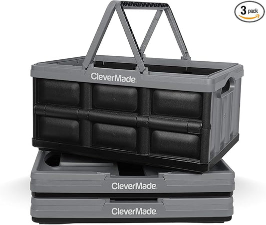 CleverMade Collapsible Shopping Basket 32L, 3 Pack – Folding Grocery Basket with Handles, Stackable Reusable Storage Crate with 35 lb Capacity, Recycled Plastic, Car Trunk Organizer- Stone Gray