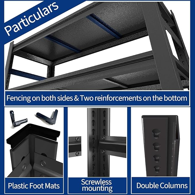48" W Garage Shelving Garage Shelf Unit Storage Shelves Heavy Duty Metal Shelving Organizer Industrial Shelves for Warehouse Basement Kitchen Pantry, Black, 72" H X 48" W X 24" D