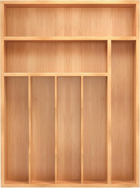 Bamboo Silverware Organizer, Kitchen Drawer Organizer, Utensil Holder, Cutlery Tray & Spoon Flatware Storage with Grooved Drawer Dividers (12.5''W x 16.5''D)