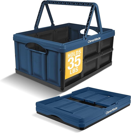 CleverMade Collapsible Shopping Basket 32L – Folding Grocery Basket with Handles, Stackable Reusable Storage Crate with 35 lb Capacity, Recycled Plastic, Car Trunk Organizer - Ocean Blue