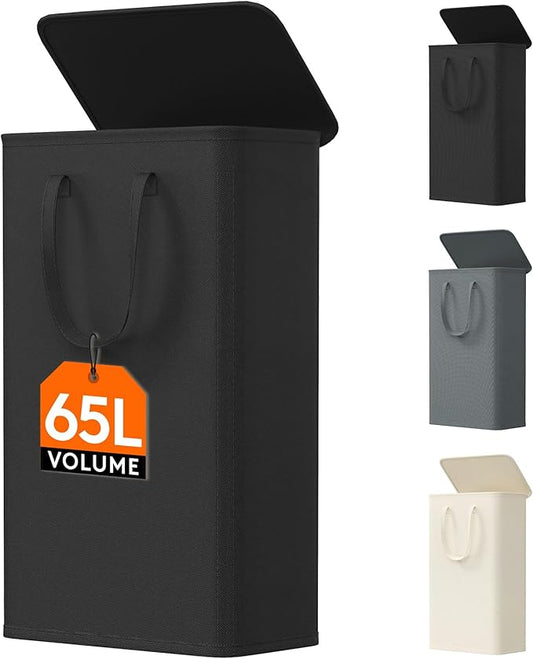 Lifewit 65L Slim Small Laundry Hamper, Laundry Basket with Lid, Dirty Collapsible Clothes Storage with Easy Carry Extended Handles, Tall Hampers for Bedroom Laundry Room, Black, 1 Pack