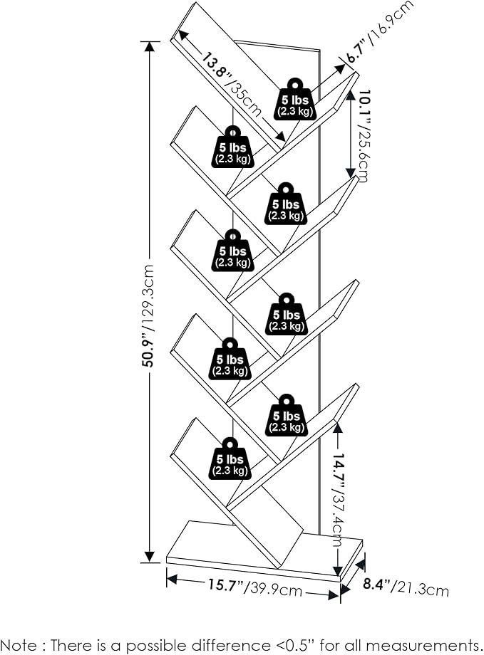 Furinno Tree Book Shelf, 9-Tier Bookshelf, Tree Bookcase for Room Decor, 8.4 x 15.7 x 50.9, for Living Room, Bedroom, Home Office, Black Espresso