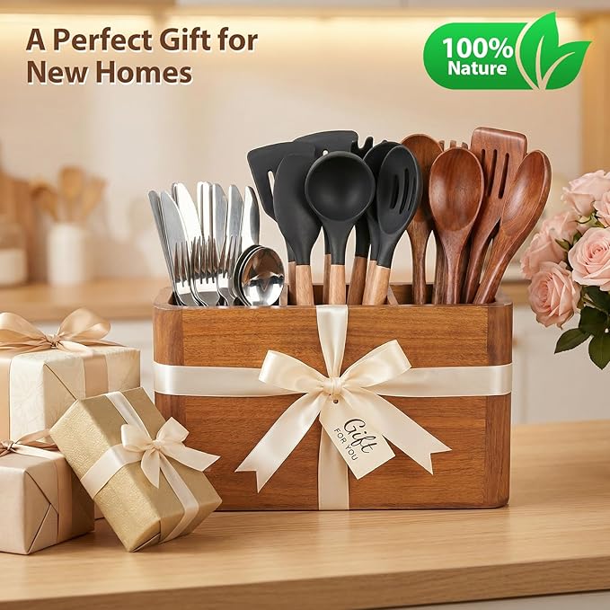 Kitchen Utensil Holder for Countertop, Extra Large Acacia Wood Utensil Organizer, 3-Compartment Storage for Cooking Utensils, Silverware and Cutlery