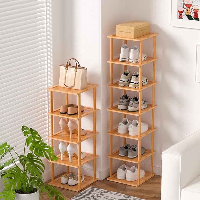 MHXW SXPN Bamboo Free Standing Shoe Rack Shelf Multi Tier Tall Wooden Stackable Shoes Rack Organizer for Closet Front Door Entrance Narrow Vertical Shoe Storage (Nature, 12 Tiers)