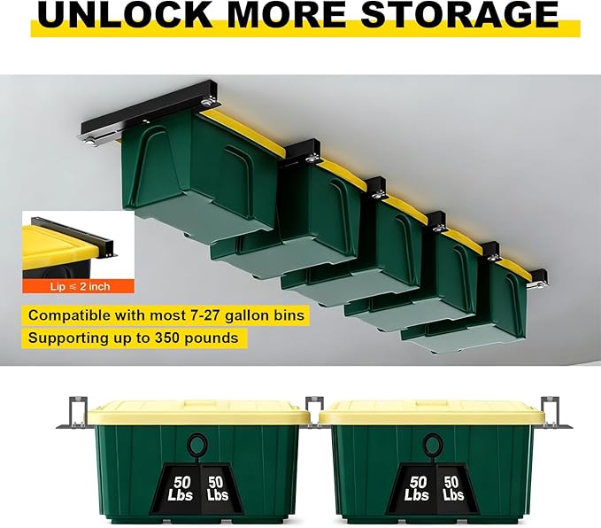 Yuleimy Overhead Garage Storage Rack 6-Pack - Heavy Duty Garage Ceiling Storage Racks for Tote Containers - 17" Adjustable Tote Rack 27 Gallon Storage System, Hanging Bin Ceiling Mount Rails