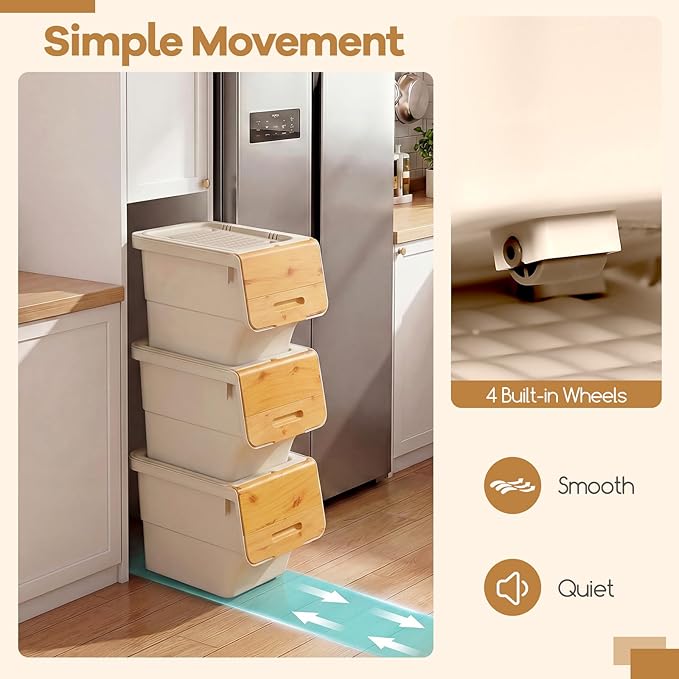 Giantex Plastic Stackable Storage Bins with Lids & Wheels, 6 Pack Open Front Stacking Bins, Organizer Bins for Pantry, Kitchen, Laundry, Closet, Playroom, Bedroom Organization （12.5 QT）